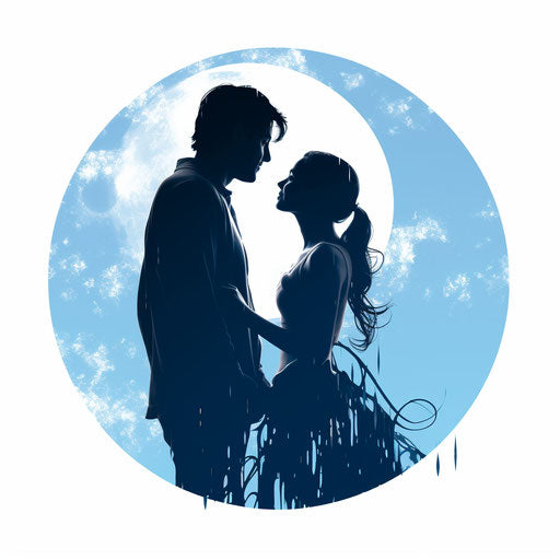 Smitten couple under the moon, light blue & white, traditional