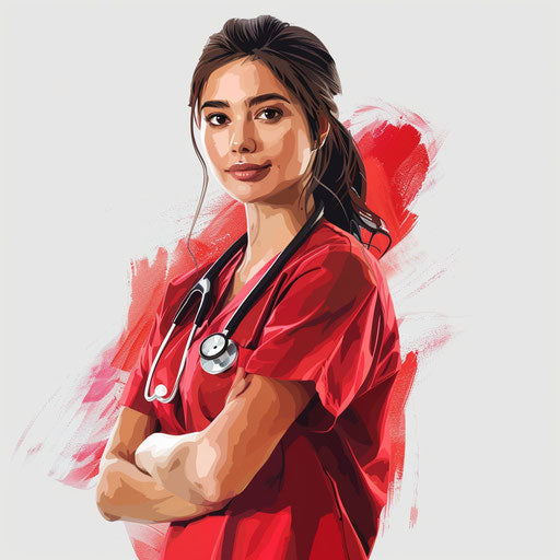 Realistic nurse illustration on flat white background, vibrant hues and intricate details