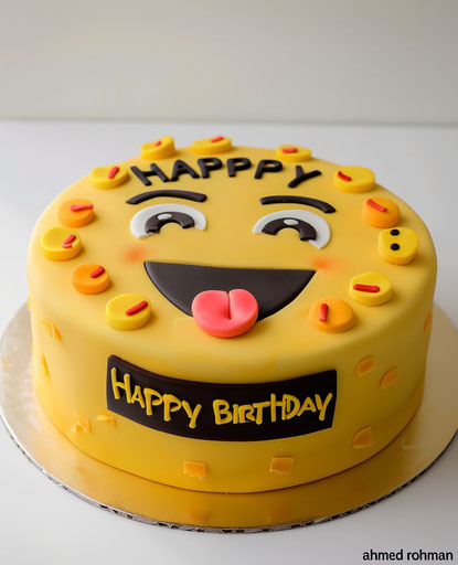 Yellow cake with emoji showing tongue, happy birthday message