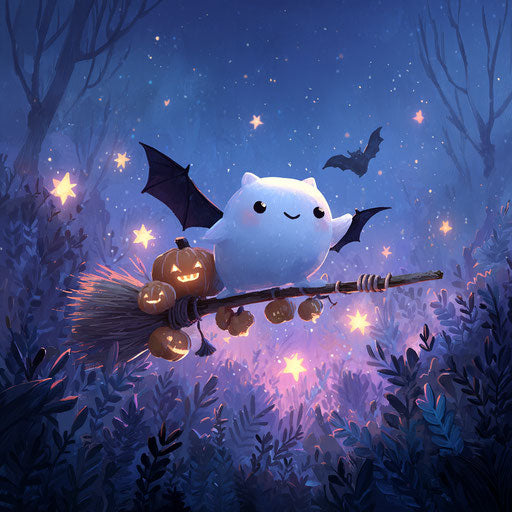 A cute ghost and a bat joyfully flying at twilight