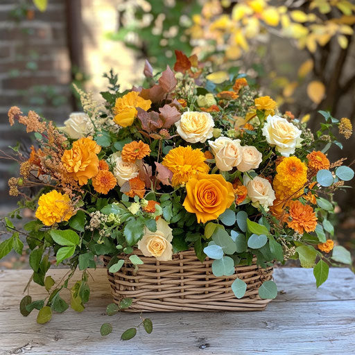 Thanksgiving flower bouquet in a wicker basket