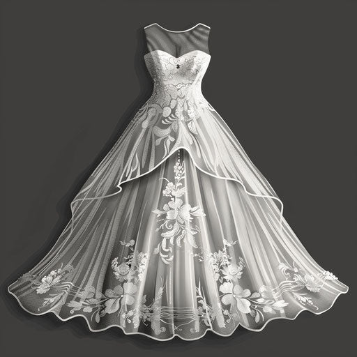Wedding dress clipart rendered in a realistic style on a flat, dark charcoal background, accentuating dramatic contrast and intricate detail