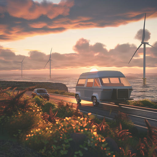 Electric SUV towing camper trailer on scenic coastal route, wind turbines