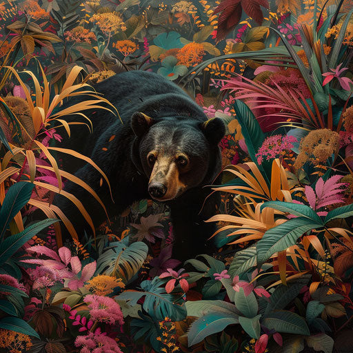Sun bear moving through colorful undergrowth