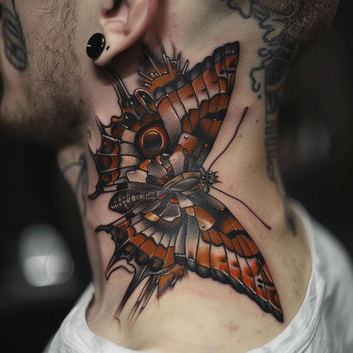 butterfly neck tattoo with sci-fi aesthetics, in the style of J.P. Targete