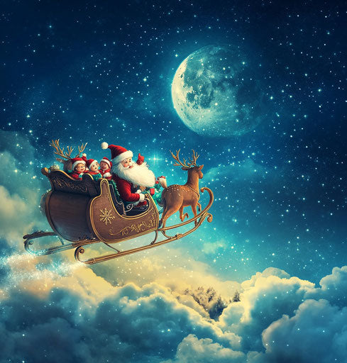Santa Claus flying in sleigh with reindeer, starry Christmas night