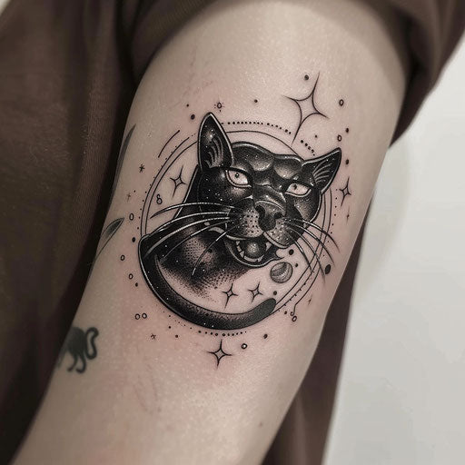 Surreal black panther tattoo blending cosmic elements