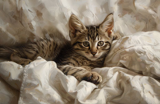 A young kitten on a bed, style of whirring contrivances