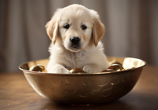 Golden retriever puppies cute tiny puppy sitting in a bowl