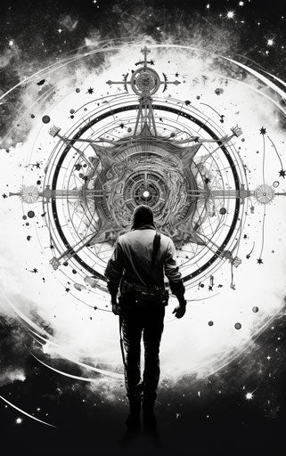 The man in starry space and the compass on the compass