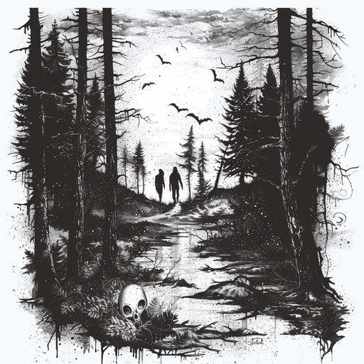 Haunted forest with ghostly figures, detailed tattoo artwork on white
