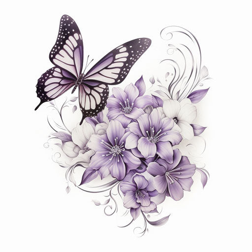 Butterflies and flowers in black and white, light silver and light gray