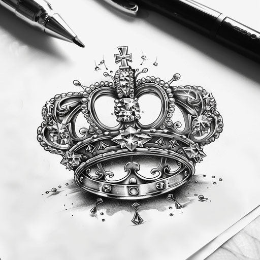 Dramatic tattoo sketch of king's crown overlaid on queen's tiara with sparkling diamonds, clipart style