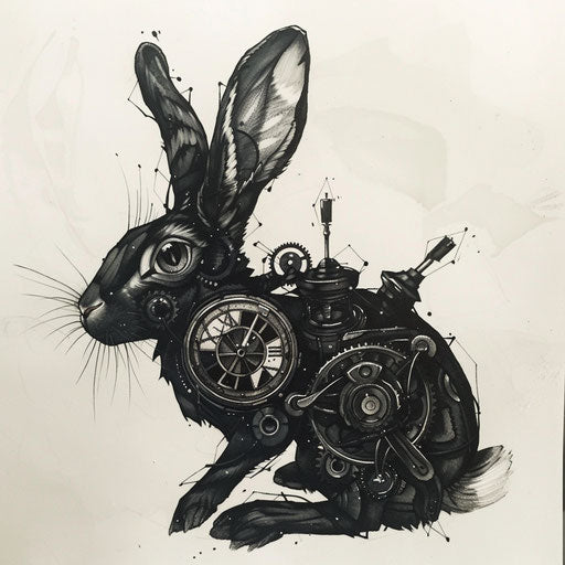 Flat tattoo sketch of a black rabbit with a clockwork steampunk design