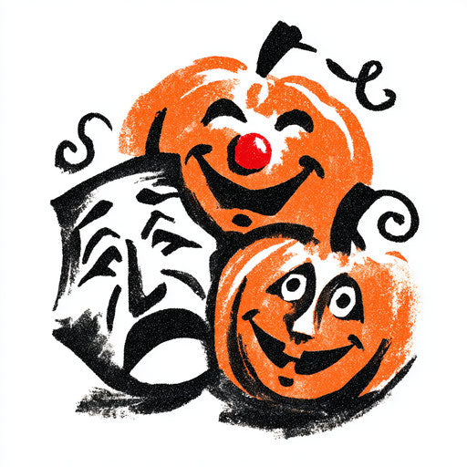 Theatrical Masks Flanking a Bright Jack-o'-Lantern
