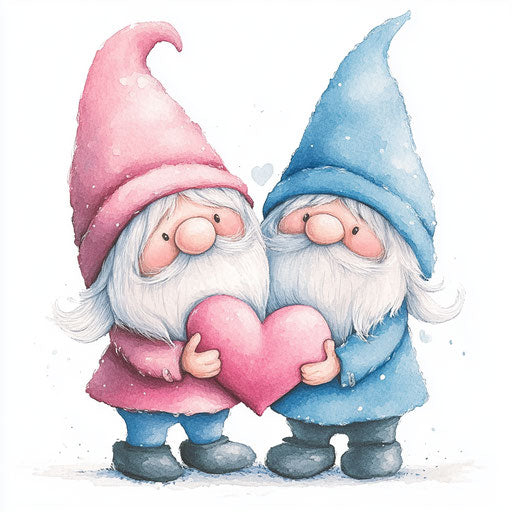 Sweet gnomes holding a heart, in pink and blue on white