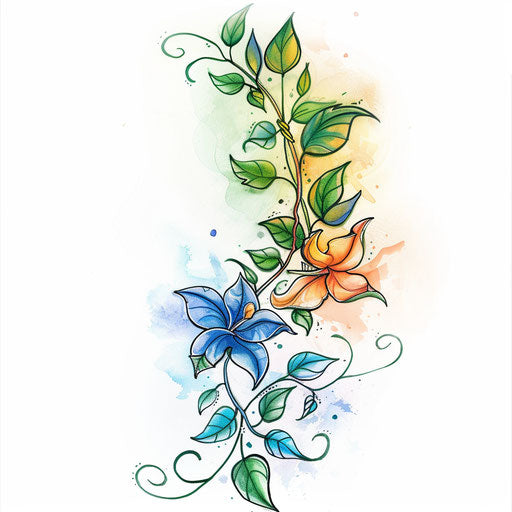 Elegant flat tattoo sketch with watercolor effects of a jagua vine winding gracefully