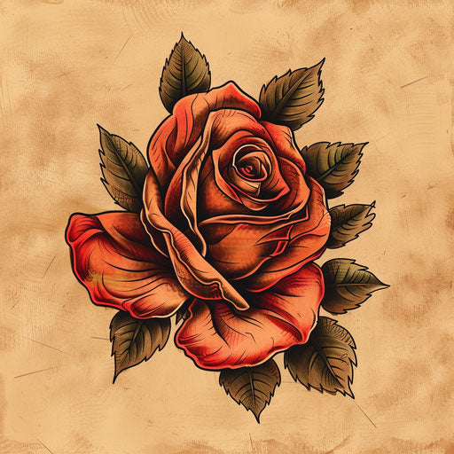 Vintage tattoo sketch of a red rose with sepia tones and old-school charm
