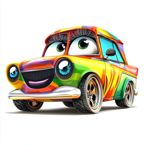 Humorous caricature of a toy car with human characteristics