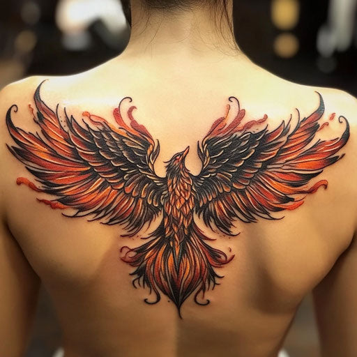 Phoenix wings tattoo on back with fiery wings