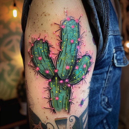 Rustic flat tattoo sketch of a neon cactus with vibrant green and pink lights