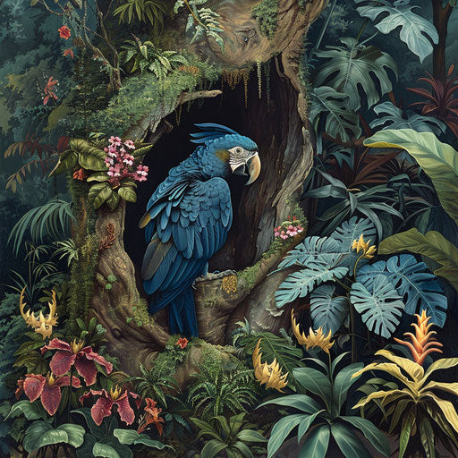 Spix's macaw nesting in ancient tree with exotic plants and flowers