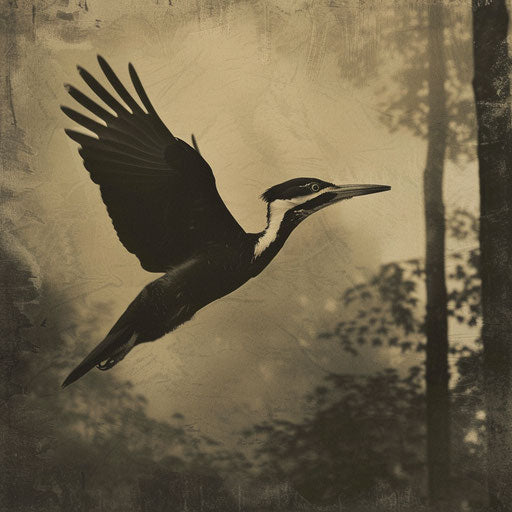 Ivory billed woodpecker gracefully gliding through the air