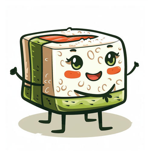 Cute anthropomorphic sushi roll cartoon vector illustration