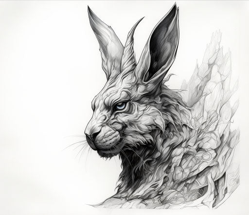 Black and white rabbit drawing, sharp lines style, rough-edged 2D animation, tattoo, thick texture