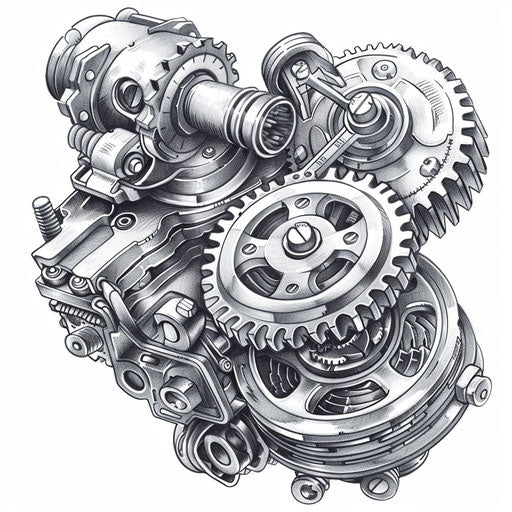 Highly detailed mechanical gear and piston tattoo design illustration.