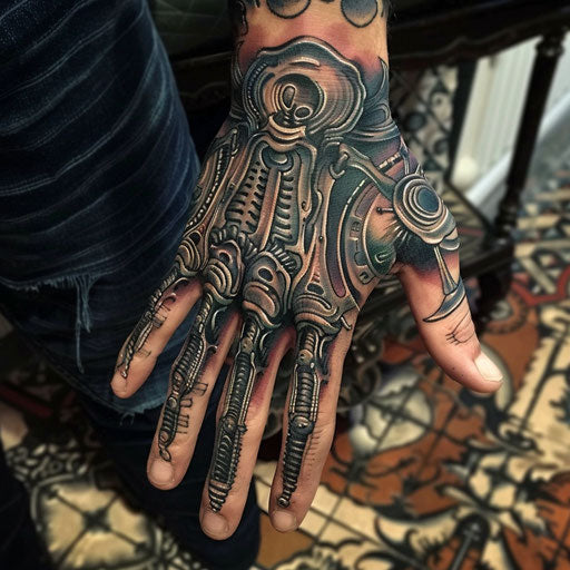Men's hand tattoo with biomechanical designs