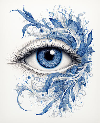 Intricate drawing of an eye on white background, foliage style, trompe l'oeil realism
