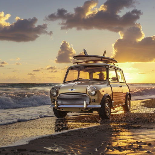 Vintage car with surfboard on beach at sunset