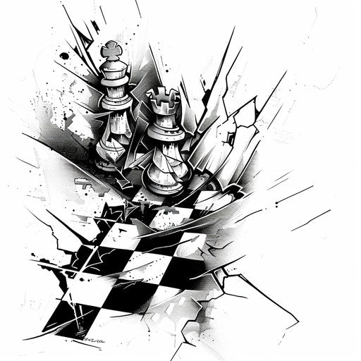 Edgy flat tattoo sketch of a shattered chessboard