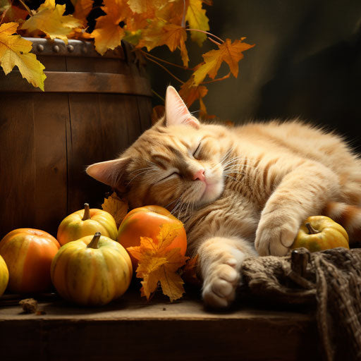 Ginger cat resting with pumpkins