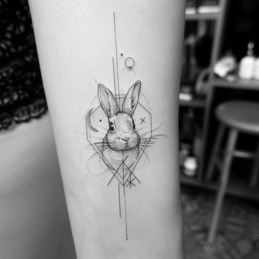Minimalist flat tattoo sketch of a bunny with geometric patterns in black ink
