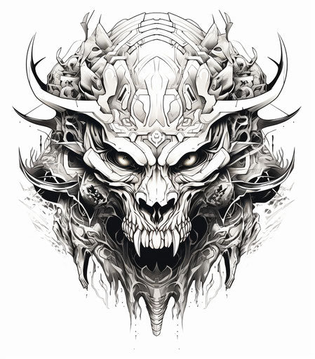 Black and white skull in a twisted futurism style, geometric animals