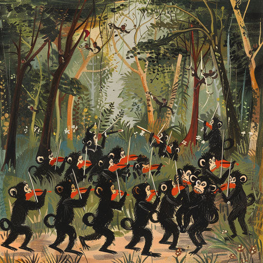 Monkeys conducting a symphony orchestra in the forest