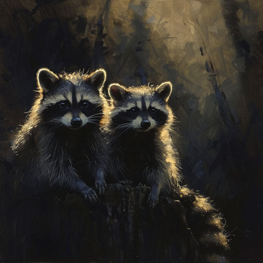 Raccoons in a dramatic light and shadow composition