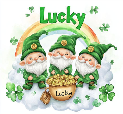 Three lucky gnomes on a cloud with pot of gold and rainbow
