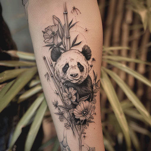 Wildflower tattoo with black and white panda