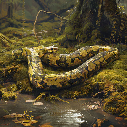 Python snake moving on mossy ground