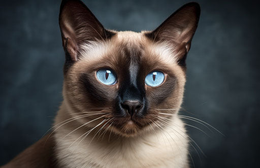 Siamese cat looking up at the camera, light brown and dark blue style