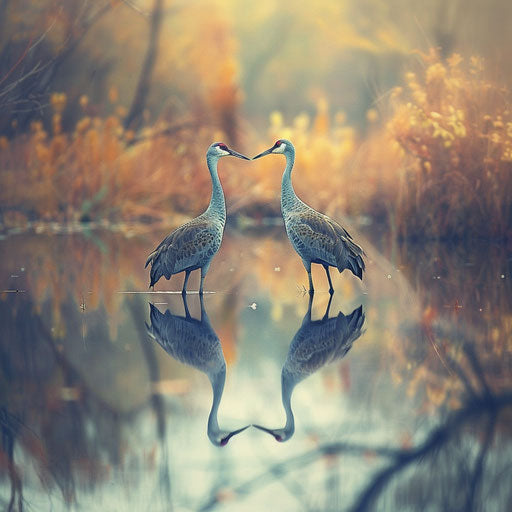 Sandhill cranes with reflections in calm water