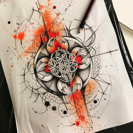 Dynamic tattoo sketch of the Flower of Life, with a splash of bright red and orange