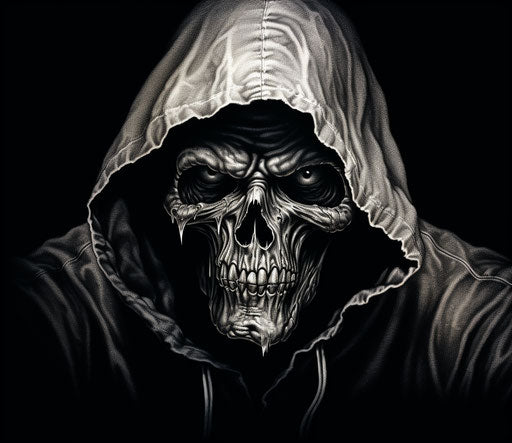 Skull in hood wearing hat, crosshatched shading style