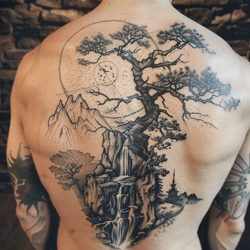 Natural tattoos with tribal elements, in the style of Ami James