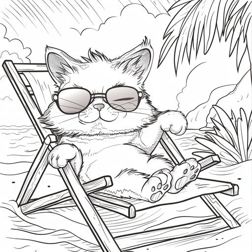 Playful kitten with sunglasses on beach chair