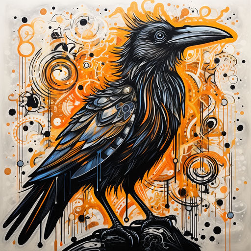 White and black crow, neotraditional style, light black and orange