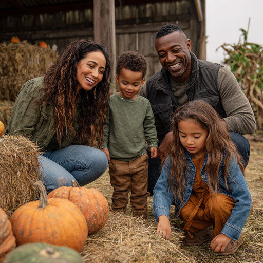 Cheerful family scene with children and pumpkins